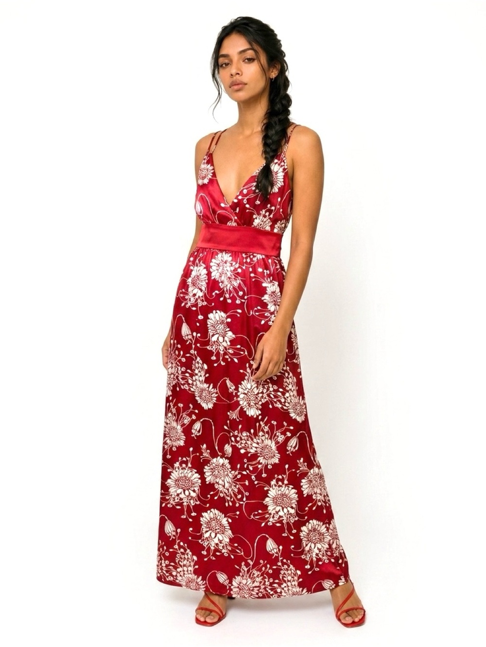 Red Floral Maxi Dress Polyester Satin